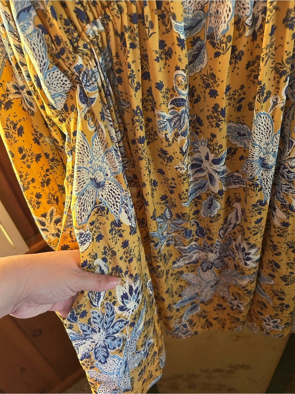 Free People Floral Yellow V-Neck Long Sleeve Dress